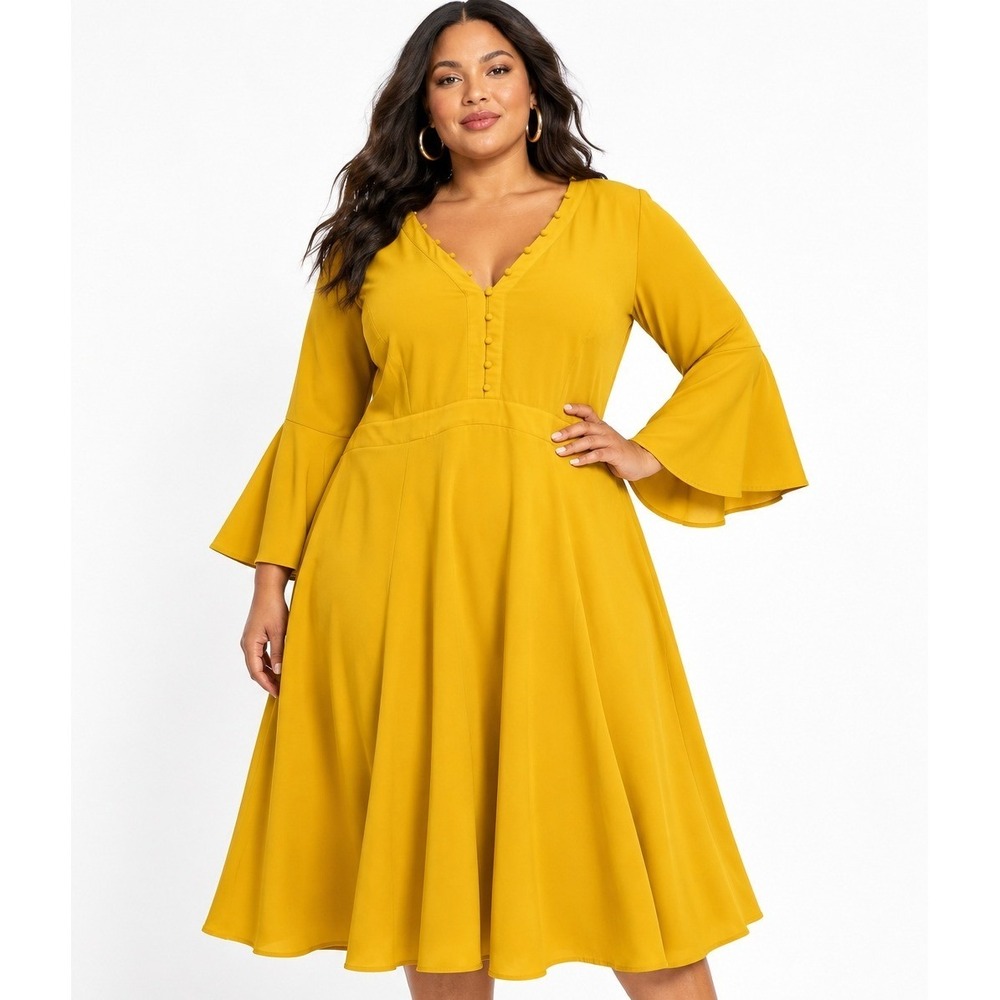 Eloquii Mustard Yellow Bell Sleeve V-Neck Fit & Flare Dress Size 22
